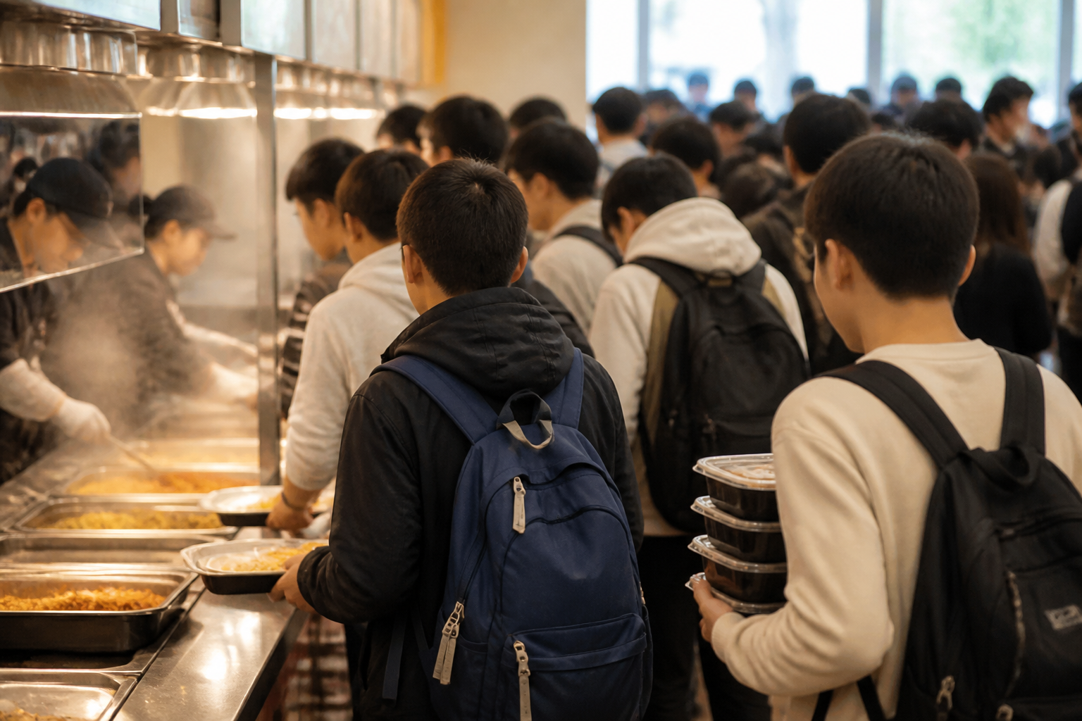 食堂饭点排队与打包餐盒
